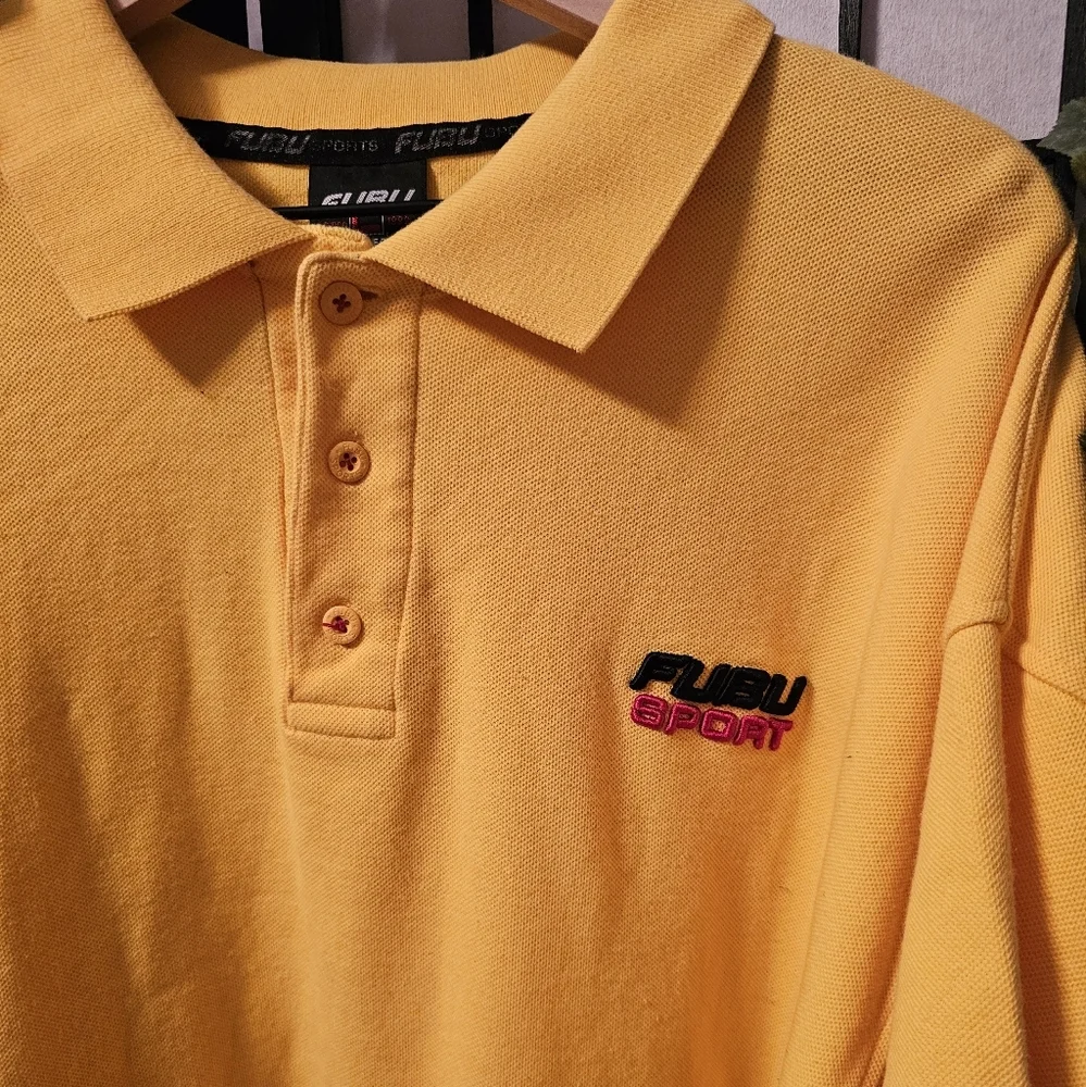 FUBU Sport Yellow Short Sleeve Polo Shirt Men XL The Collection Embroidered Logo